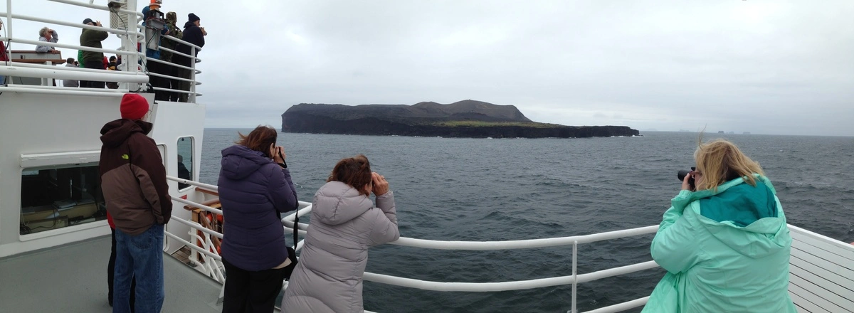 Island of Surtsey in 2014 photographed from the boat on 20 July 2014, 06:58:10